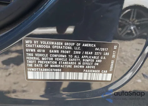 2017 Volkswagen Passat 1.8T R-Line from USA, damaged, VIN 1VWDT7A38HC070850